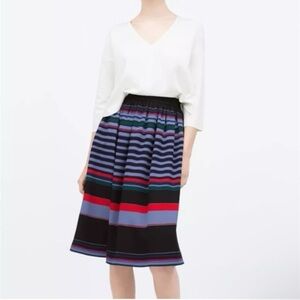 ZARA Woman Striped Pleated Knee Length Skirt, Small, NWT, Black/Blue/Red/Green